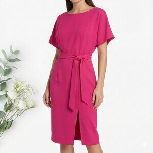 Kensie Hot Pink Belted Midi Dress with Front Slit